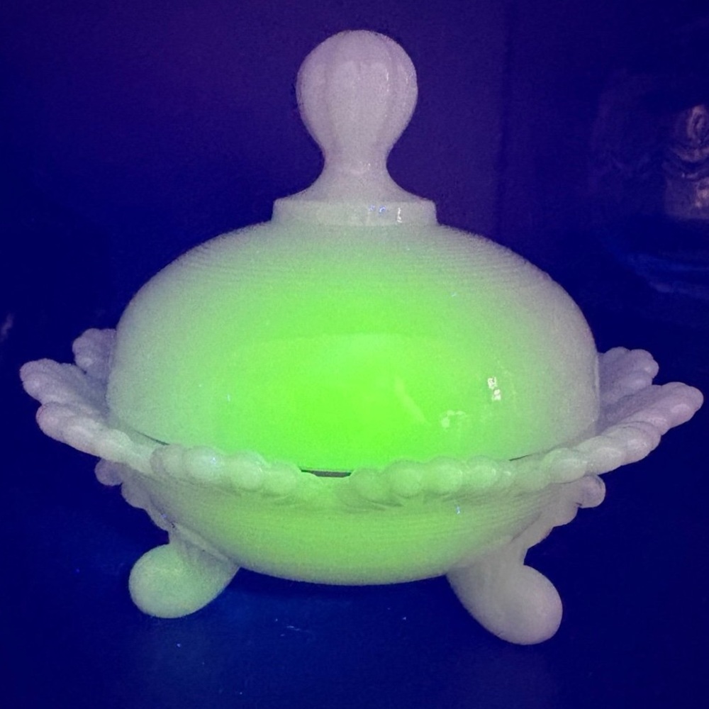 Vintage Pink Milk Glass Klondike Pattern Covered Candy Dish UV Reactive Glows
